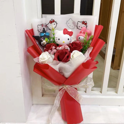 Kawaii Hello Kitty Cat Dolls With Artificial Flowers Creative Bouquet Christmas Valentine Birthday Graduation Gifts